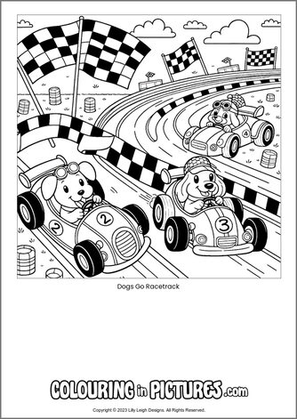 Free printable dog colouring in picture of Dogs Go Racetrack
