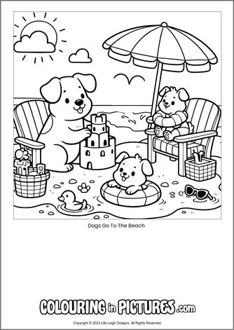 Free printable dog colouring in picture of Dogs Go To The Beach