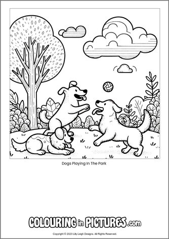 Free printable dog colouring in picture of Dogs Playing In The Park