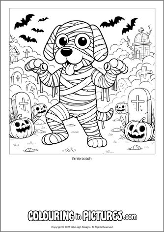 Free printable dog colouring in picture of Ernie Latch