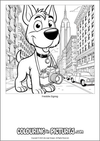 Free printable dog colouring in picture of Freddie Zigzag