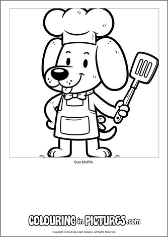 Free printable dog colouring in picture of Gus Muffin