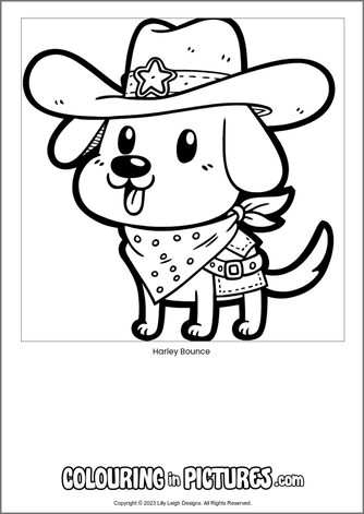 Free printable dog colouring in picture of Harley Bounce