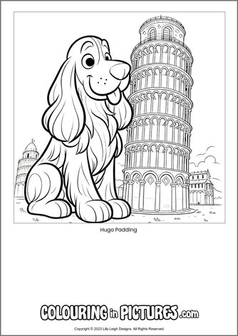 Free printable dog colouring in picture of Hugo Padding