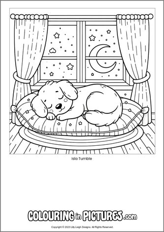 Free printable dog colouring in picture of Isla Tumble