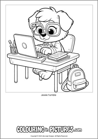 Free printable dog colouring in picture of Jessie Tumble