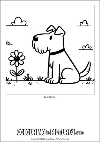 Free printable dog colouring in picture of Leo Dazzle