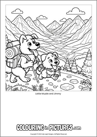 Free printable dog colouring in picture of Lottie Muzzle and Jimmy