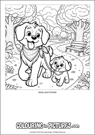 Free printable dog colouring in picture of Mazy and Charlie
