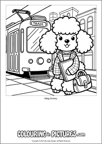 Free printable dog colouring in picture of Meg Snowy
