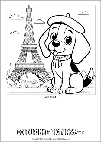 Free printable dog colouring in picture of Mila Snout