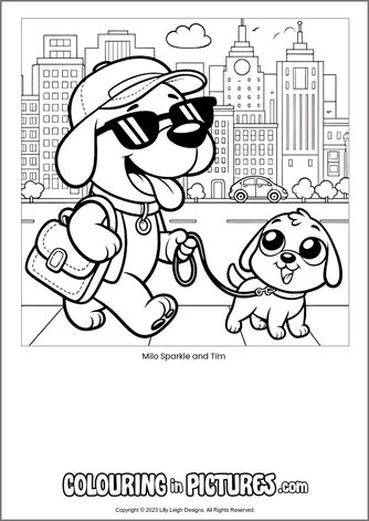 Free printable dog colouring in picture of Milo Sparkle and Tim