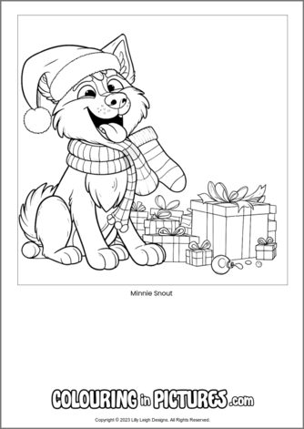 Free printable dog colouring in picture of Minnie Snout