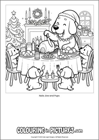 Free printable dog colouring in picture of Nala Jive and Pups