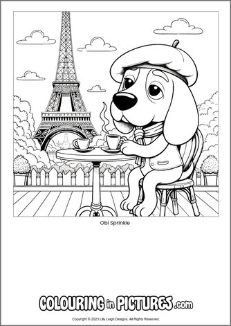 Free printable dog colouring in picture of Obi Sprinkle