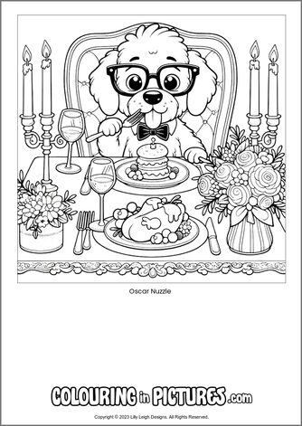 Free printable dog colouring in picture of Oscar Nuzzle