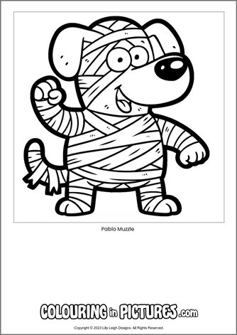 Free printable dog colouring in picture of Pablo Muzzle