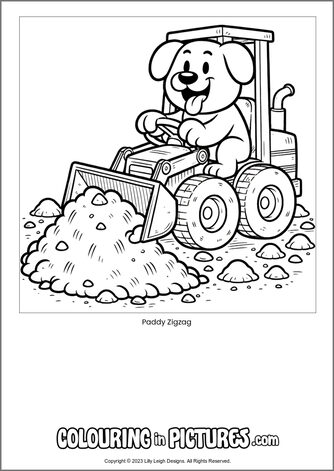 Free printable dog colouring in picture of Paddy Zigzag
