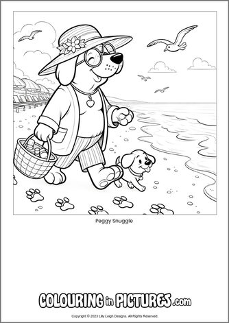 Free printable dog colouring in picture of Peggy Snuggle