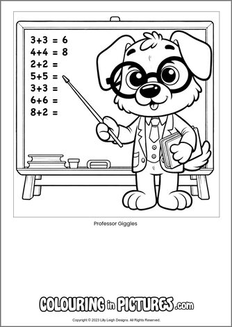 Free printable dog colouring in picture of Professor Giggles