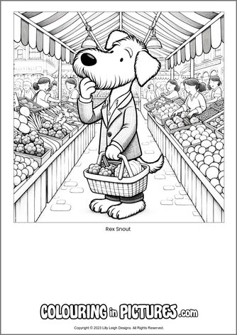Free printable dog colouring in picture of Rex Snout