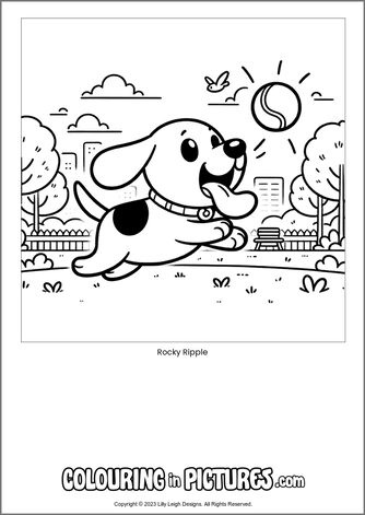 Free printable dog colouring in picture of Rocky Ripple