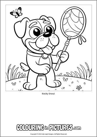 Free printable dog colouring in picture of Rocky Snout