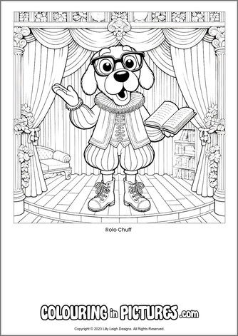 Free printable dog colouring in picture of Rolo Chuff