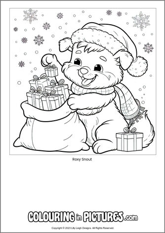 Free printable dog colouring in picture of Roxy Snout