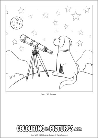 Free printable dog colouring in picture of Sam Whiskers