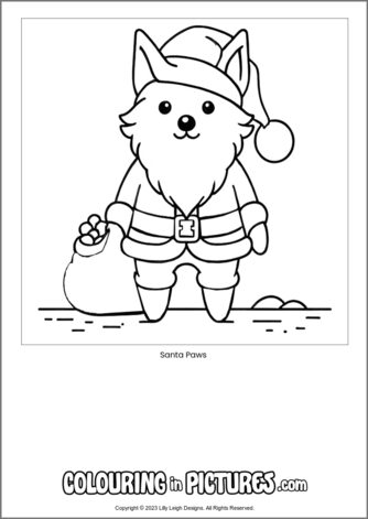 Free printable dog colouring in picture of Santa Paws