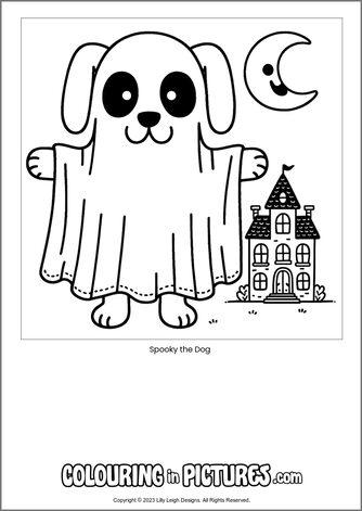 Free printable dog colouring in picture of Spooky the Dog