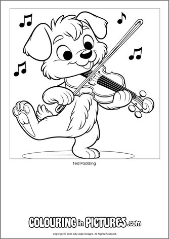 Free printable dog colouring in picture of Ted Padding