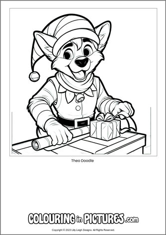 Free printable dog colouring in picture of Theo Doodle