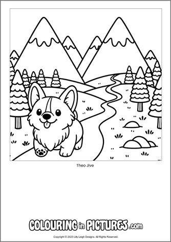 Free printable dog colouring in picture of Theo Jive