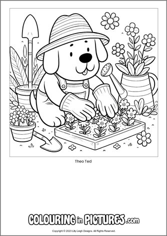 Free printable dog colouring in picture of Theo Ted