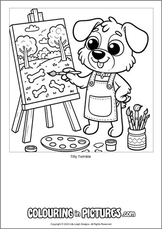 Free printable dog colouring in picture of Tilly Twinkle