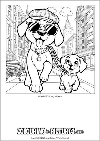 Free printable dog colouring in picture of Who Is Walking Whom