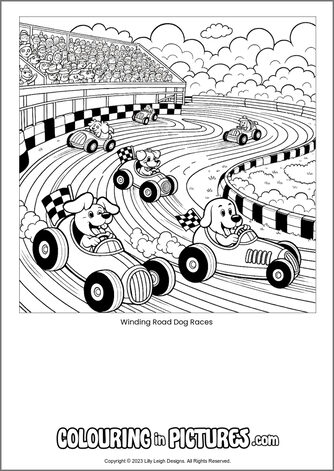 Free printable dog colouring in picture of Winding Road Dog Races