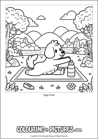 Free printable dog colouring in picture of Yoga Time