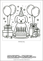 Free printable dog themed colouring page of a dog. Colour in Birthday Dog.