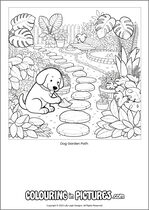 Free printable dog themed colouring page of a dog. Colour in Dog Garden Path.