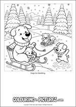Free printable dog themed colouring page of a dog. Colour in Dogs Go Sledding.
