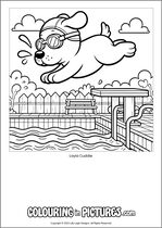 Free printable dog themed colouring page of a dog. Colour in Layla Cuddle.