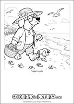 Free printable dog themed colouring page of a dog. Colour in Peggy Snuggle.