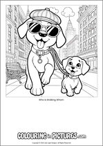 Free printable dog themed colouring page of a dog. Colour in Who Is Walking Whom.