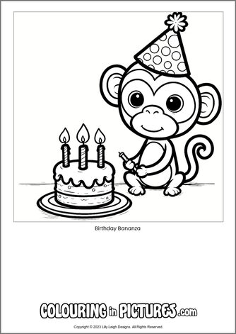 Free printable monkey colouring in picture of Birthday Bananza