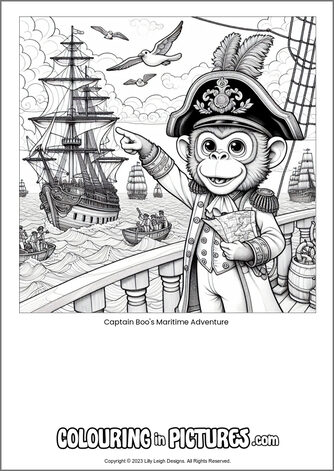 Free printable monkey colouring in picture of Captain Boo's Maritime Adventure