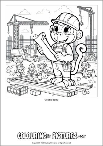 Free printable monkey colouring in picture of Cedric Berry