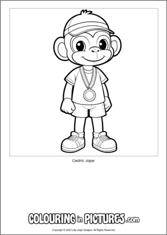 Free printable monkey colouring in picture of Cedric Jape